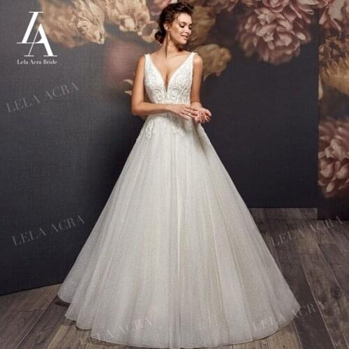 Wedding Dress V-neck Beaded A-Line Appliques Backless Sleeveless Bridal Gown Princess Court Train LelaAcra AX66 Vestido De Novia