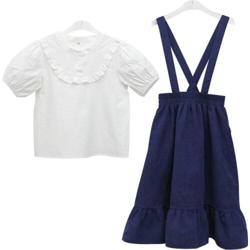 2020 Summer New Girls Cotton Clothes Set Teen Girls Casual Shirt and Suspender Skirt Set Fashion Kids Girls Two-Piece Set, #0813