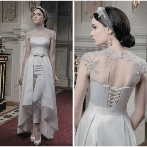 2019 Sheer High Neck Cap Shoulder Lace Appliques Wedding Dresses Lace Pants Detachable Train Vestindos De Mariee Bridal Gowns