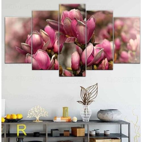5 panel canvas art print HD Beautiful Pink Flower print paintings for living room decor Poster with frame