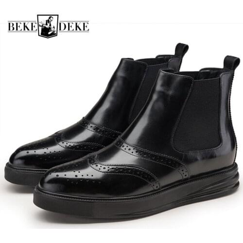 Brand Mens Chelsea Boots Wool Fur Lining Winter Warm Snow Boots Genuine Leather Thick Platform Flats Shoes Male Office Brogue