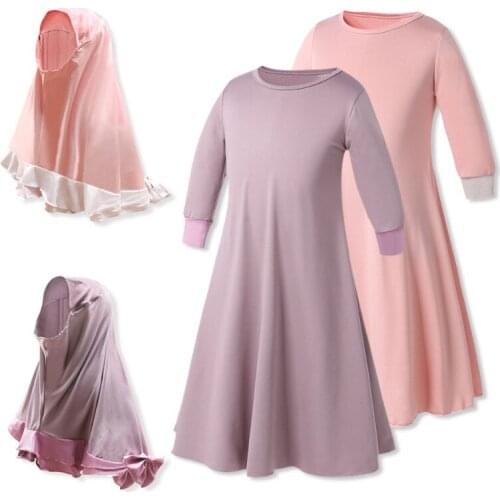 Girls European And American Spring Autumn Long-Sleeved Muslim Dress + Two-Piece Hijab Arab Costume 3-8Years Old