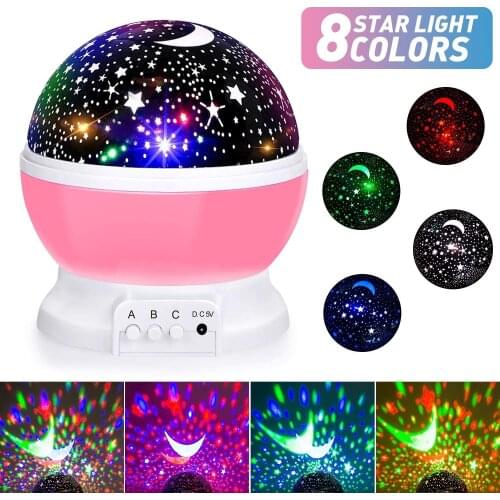 Baby USB Night Lights Moon Star Projector 360 Degree Rotation 8 Color Light Romantic Lamp Gifts for Women Children Kids Birthday