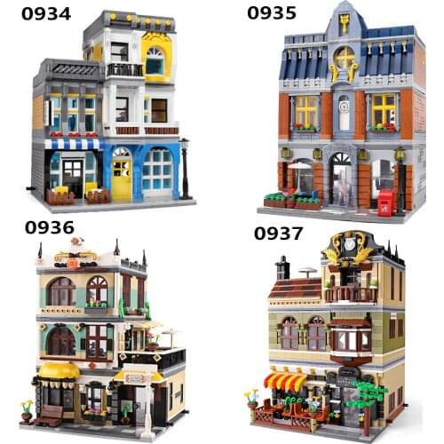 2021 New Creative City Commercial Street View Building Blocks Bricks Summer Cafe Tavern Combination Toys for Kids Christmas Gift