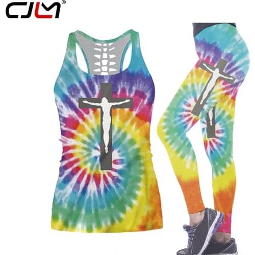 CJLM 3D Printed Colorful Jesus Cross Hollow Tank top Sexy Vest Girls Tank top Clothes Leggings suit Oversized women summer suits