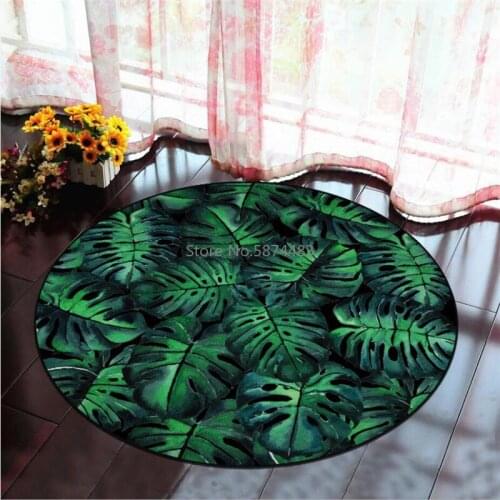 Round Carpet Green Plant Leaves Printed Soft Carpets Anti-slip Rugs Sea Wave Computer Chair Floor Mat for Home Decor Kids Room