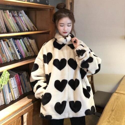 New Winter Women Jacket Lamb Wool Jacket Female Cute Love Heart Lamb Wool Cotton Coat Loose Coats Mujer
