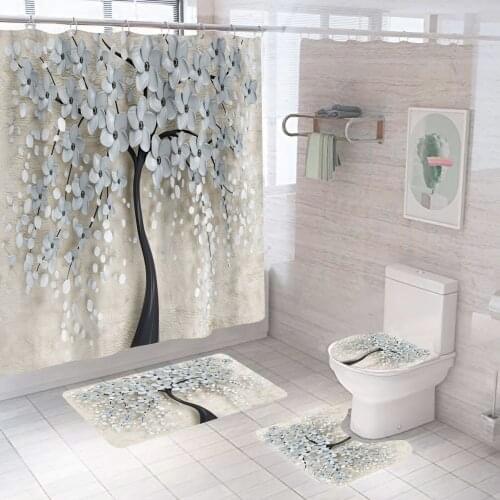 Fashion Grey Tree Shower Curtain With Non Slip Rug Mat Bathroom Curtains Waterproof Polyester Bathroom Curtain with Hooks Cool