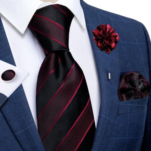 Black Red Striped Ties For Men Formal Wedding Party Neck Tie Brooch Set Mens Tie Pocket Square Cufflinks Men Accessories Cravat