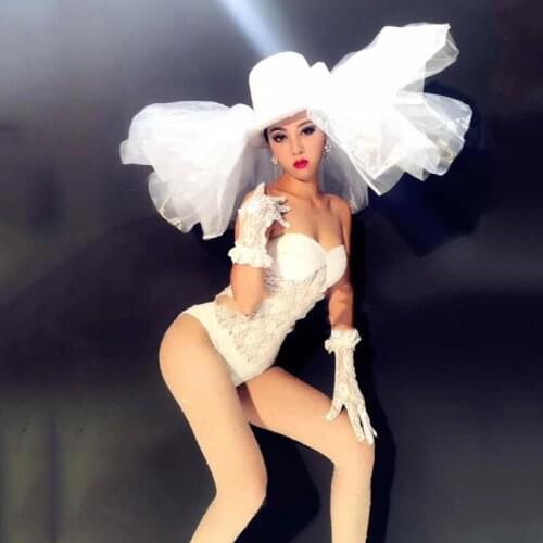 New Lace Jumpsuit Birthday Outfit Women Adult Sexy Bar Stage Performance Clothing Nightclub Festival Clothing Big Hat DWY6145