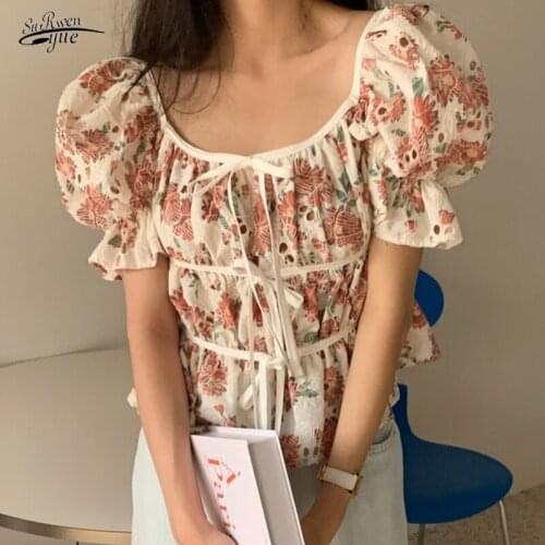 New style casual print drawstring thorn chic all-match puff sleeve lotus leaf collar embroidered crochet shirt 15894