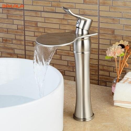 BAKALA Deck mounted Waterfall Bathroom Sink Vessel Faucet Nickel Brushed Bath Spout LH-555L