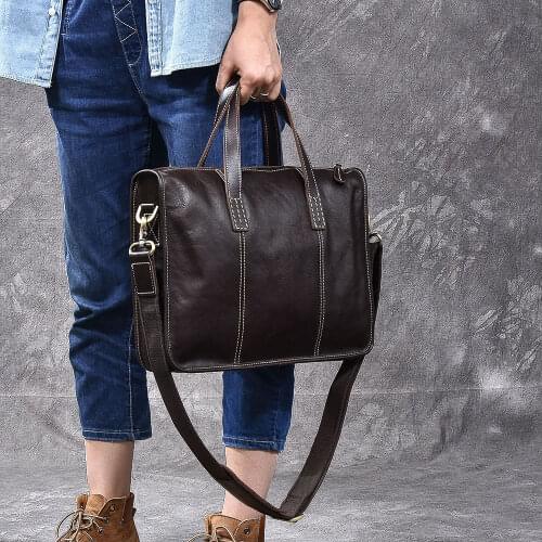 Mens Handbags Retro Handmade Genuine Leather Briefcase Crossbody Shoulder Bag Men Laptop Messenger Bags First Layer Leather