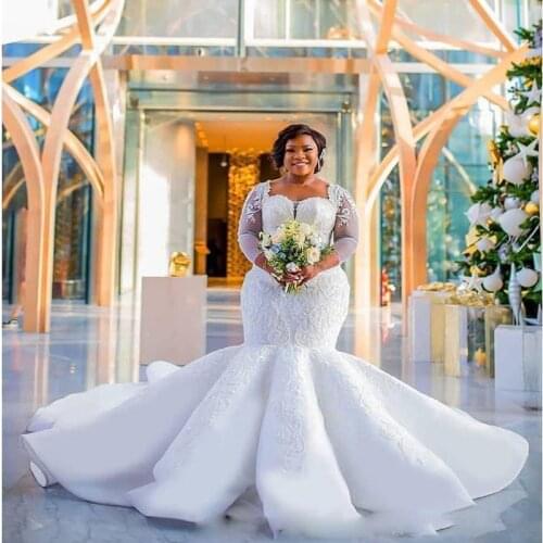 South African Mermaid Wedding Dresses Lace Appliques Plus Size Sheer Long Sleeves Bridal Gowns Satin Sweep Train Wedding Vestido
