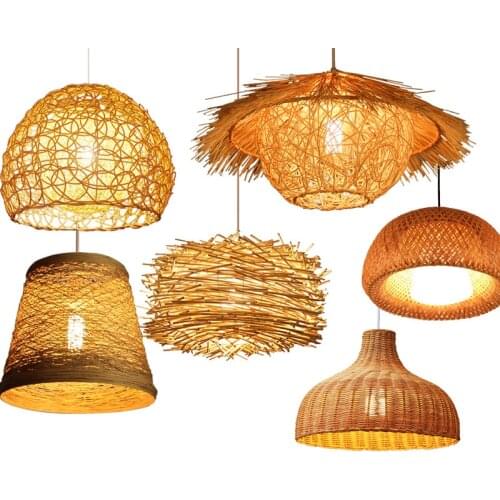 LED Rattan Chandelier Birds Nest House Round Straw Hat Bamboo Lamp Creative Pastoral Vintage Balcony Restaurant Chandelie Light