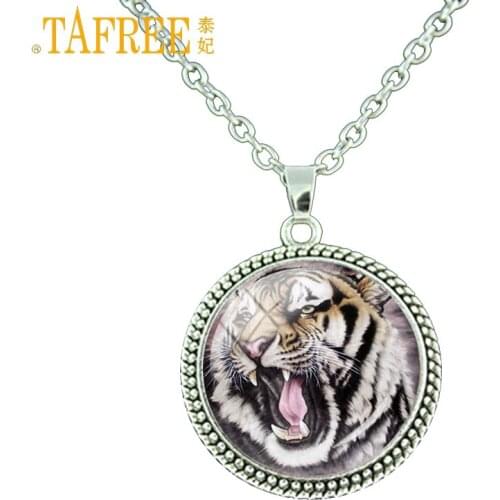 TAFREE vintage Tiger round pendant necklace powerful wild animal art tiger fashion women men statement necklace jewelry boy E618