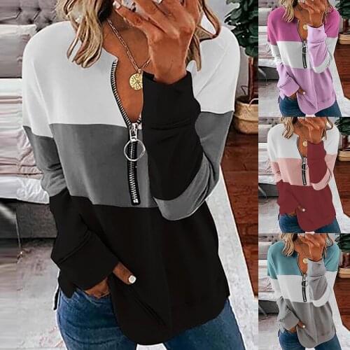 Plus Size Zipper Womens Hoodie Sweetshirts O-neck Stitching Three-color Sweetshirts Korean Fashion Hoodie Sudaderas Con Capucha