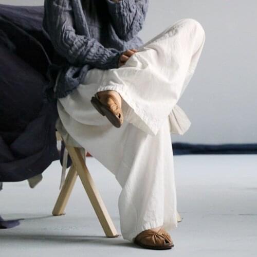 Johnature Women Cotton Linen 2021 Autumn Wide Leg Pants Elastic Waist New Women Clothing Loose Vintage 2Colors Trouser