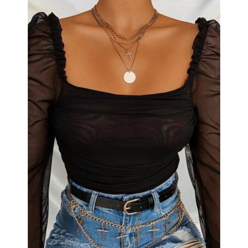 Sexy Lace Patchwork Womens Top Long Puff Sleeve Square Collar Female Tops 2021 Autumn Solid Black Fashion Ladies Clothes