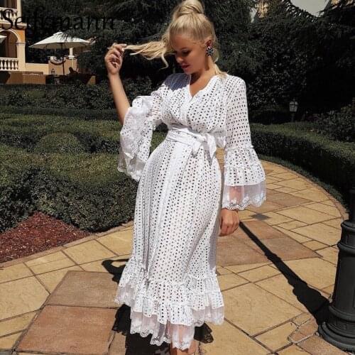 Seifrmann New 2021 Autumn Women Fashion Runway Party A-Line Dress Flare Sleeve Bow Sashes Ruffles Whith Printed Long Dresses