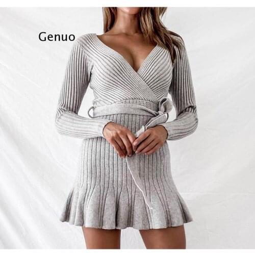 Sexy V Neck Knitted Ruffle Dress Women Winter Autumn Long Sleeve Party Day Dress with Waist Tie Ladies Ribbed Knitwear