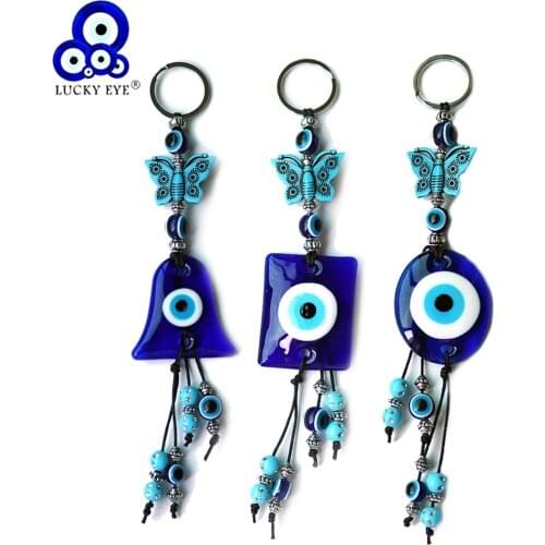 Lucky Eye Butterfly Glass Blue Turkish Evil Eye Bead Keychain Alloy Silver Color Key Chain Holder for Women Men Jewelry LE716