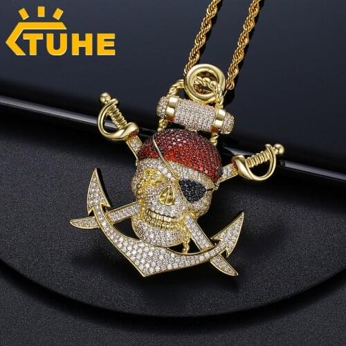 Iced Out Bling Cubic Zirconia Anchor Pirate Skull Copper Shiny Iced Out Rapper Necklace Pendants For Men Hip Hop Jewelry