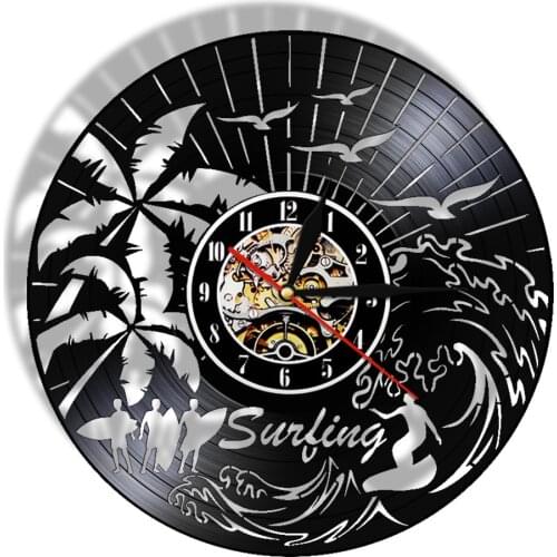 Surfing Hobby Vinyl Record Clock Summer Beach Time Wall Surfwise Surfing Wave Hanging Watch Surfers Extreme Sports Lover Gift