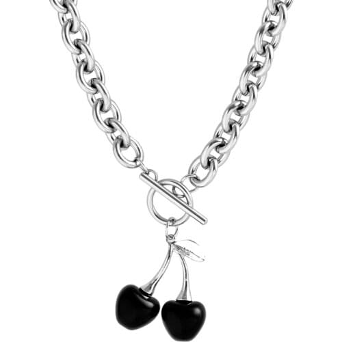 Stainless steel black cherry dark black necklace collarbone chain small design sense neck hip-hop INS tide summer sweet cool