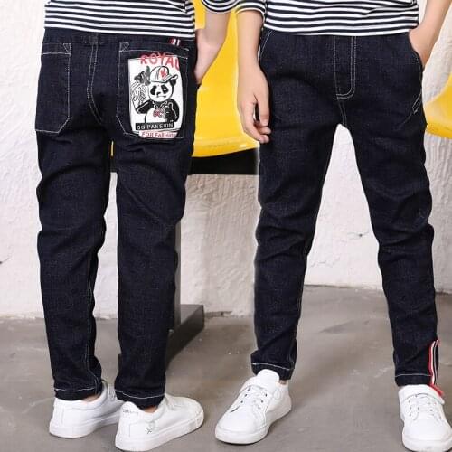 2019 Big Boys Jeans Fashion Teen-ages High Quality Elastic Waist Cotton Full Length Jeans Appliques Straight size 100-160