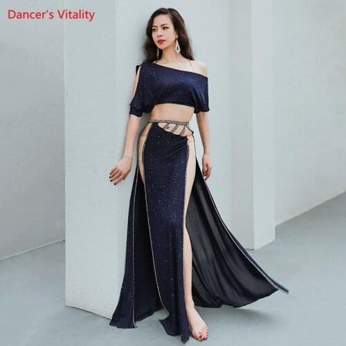 Belly Dance Suit Ice Silk Sequins Top Printing High Waist Split Skirt Practice Clothes Set Female Elegant Performance Clothing