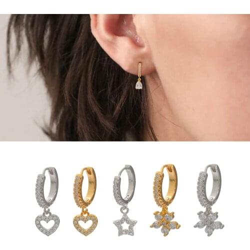 New 1Pc Gold And Silver Color Hoop With Small Cz Dangle Earrings Heart Moon Star Dainty Tiny Earring Ear Piercing Jewelry