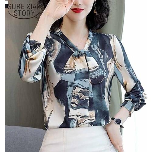 Ladies 2021 Early Autumn Print Loose Tops Plus Size Bow Tie Pullover Vintage Blouse Women Elegant Long Sleeve Silk Shirt 12055