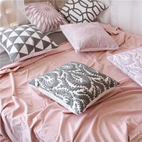 Gray/Pink Durable Cotton Cushion Cover Cute Diamond Geometric Embroidery Pillow Case For Sofa Bed Simple Home Decorative 45x45cm