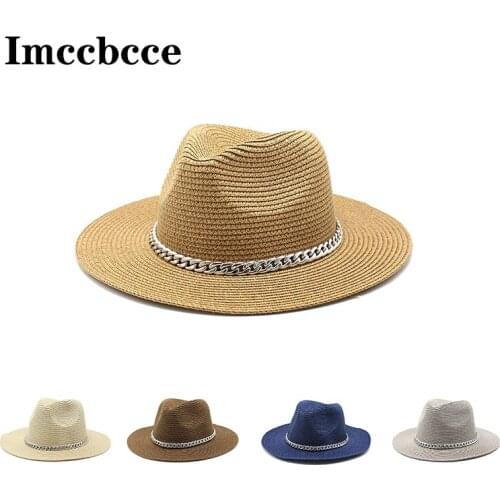 2021 New Fashion Summer Sun Hat Women Men Beach Straw Hat Casual Visor Panama Jazz Caps Flat Top Wide Brim Fisherman Cap Fedoras