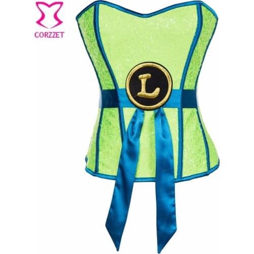 Blue Satin and Neon Green Sequins Bustier Top Corset Sexy Gothic Clothing Supergirl Burlesque Costumes Corsets and Bustiers Mask