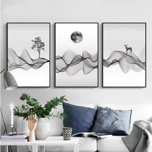 Nordic Minimalist Abstract Line Canvas Paintings Moon Deer Tree Combination Poster Print Wall Art Pictures Living Room Decor