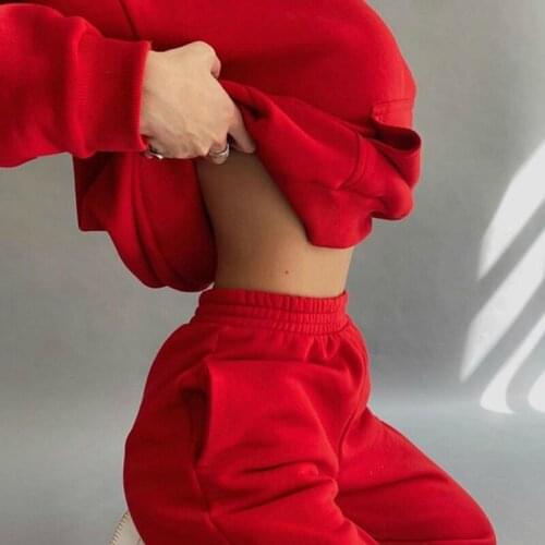 Hoodie 2 Pieces Set Women Autumn Solid Oversized Sweatshirt Set Casual Long Sleeve Fleece Tops Long Pants Tracksuit Suit Outfits