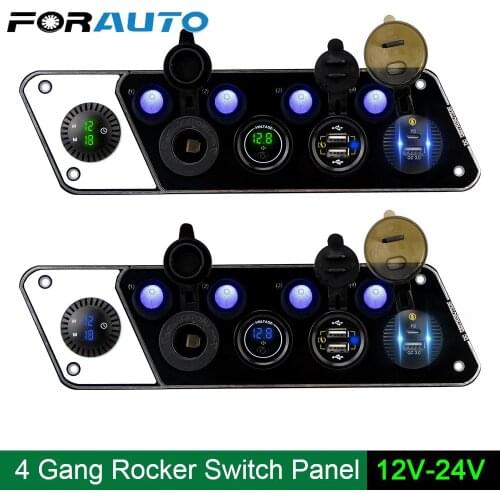 Waterproof 4 Gang Switch Panel Cigar Lighter For Car Marine Digital Voltmeter Clock 12-24V 36W Charger Socket QC3.0 PD Dual USB