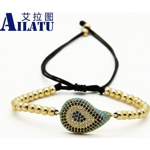 Ailatu High Grade Jewelry Wholesale Micro Pave Black Cz Big Drop Water Evil Protection Macrame Lucky Bracelets