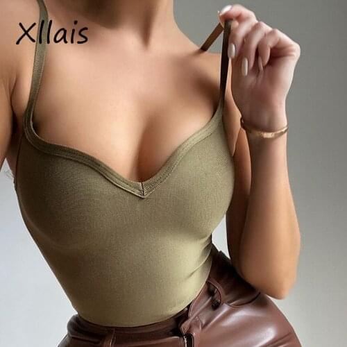 XLLAIS 2021 Fashion Low-cut Strap Bodysuits Sexy Sleevelsss V-neck Romper Army Green Cotton Playsuits Clubwear Vintage Clothes
