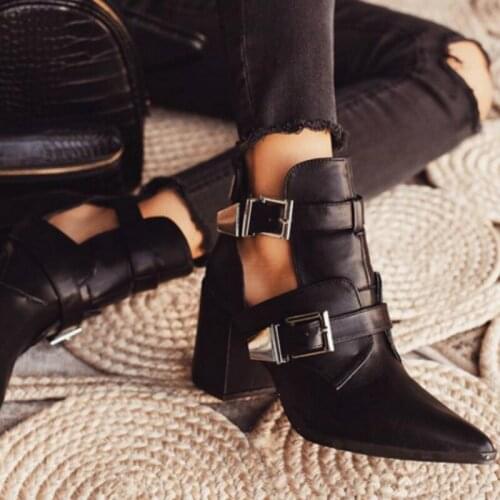 Hollow Out Ankle Boots For Women Buckle Strap Short Chelsea Botas Pointed Toe Pumps Chunky Heels Female Casual Shoes Size 35-42