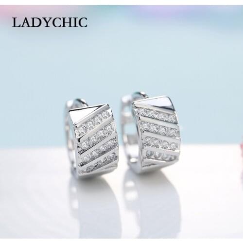 LADYCHIC Fashion Pave Tiny CZ Cubic Zirconia Hoop Earrings Hollow Design Pattern Women Party Jewelry Silver Color Earring LE1007