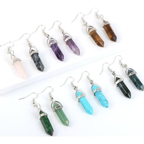 2020 Fashion Boho Bullet Hexagonal Pendant Drop Earring For Women Reiki Chakra Natural Crystal Tiger Eye Stone Dangle Earrings