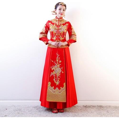 Women Banquet Costume Long Cheongsam Embroidery Flower Chinese Traditional Bride Dress Wedding Mandarin Collar китайская одежда