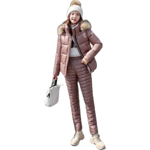 2021 Winter Women Sets Coat Warm Down Parka Fur Collar Thicken Hooded Jacket And Elastic Waist Cotton Pants 2-Piece Set Female