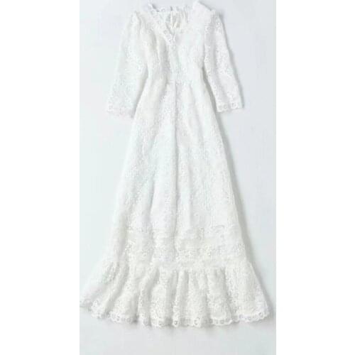 Top Quality New White Long Dress 2021 Autumn Party Evening Women V-Neck Hollow Out Backless Long Sleeve Lace Maxi Dress Festival