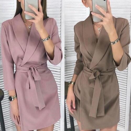 Women Autumn Solid Color Lapel Collar Long Sleeve Waist Belt Mini Dress Coat