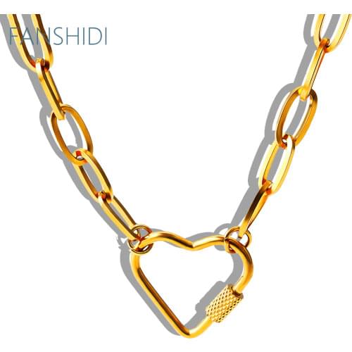 FANSHIDI Romantic Heart Turnbuckle Pendant Necklace For Women Gold Color Chunky Chain Texture Choker Gift New