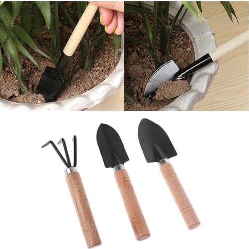3pcs Mini Garden Tools Shovel Rake Spade Erramientas Bonsai Set Wooden Handle For Flowers Potted Plant Flower Planting